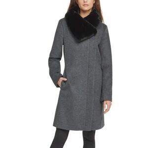 DKNY Asymmetrical Faux-Fur-Collar Coat Wool Blend Gray Extra Small NWT